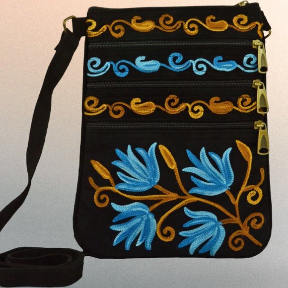 Black and Blue Hip Cross Body Purse with Flowers - Picture 3 of 3
